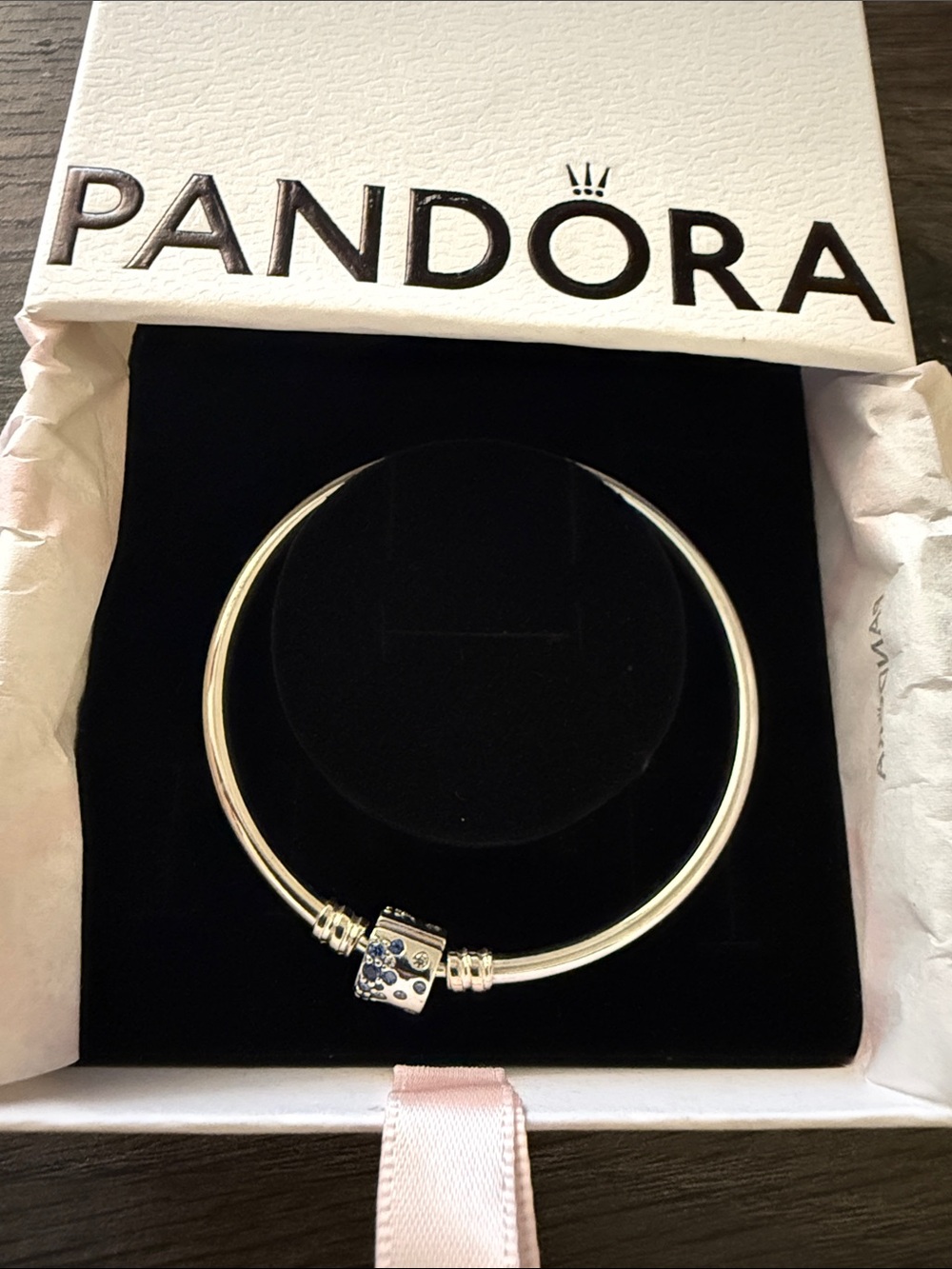 Pandora Silver Bangle with Blue Crystal Accent Charm